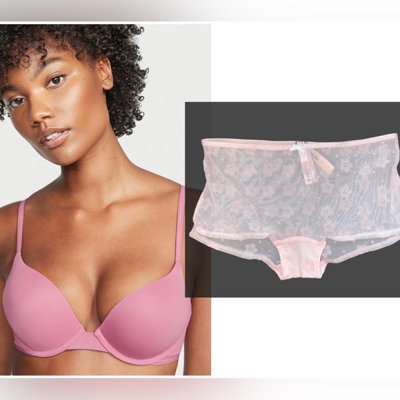 Victoria’s Secret NWT T-Shirt Bra 34C & Sheer Pink Boyshort Panties M - Picture 1 of 7